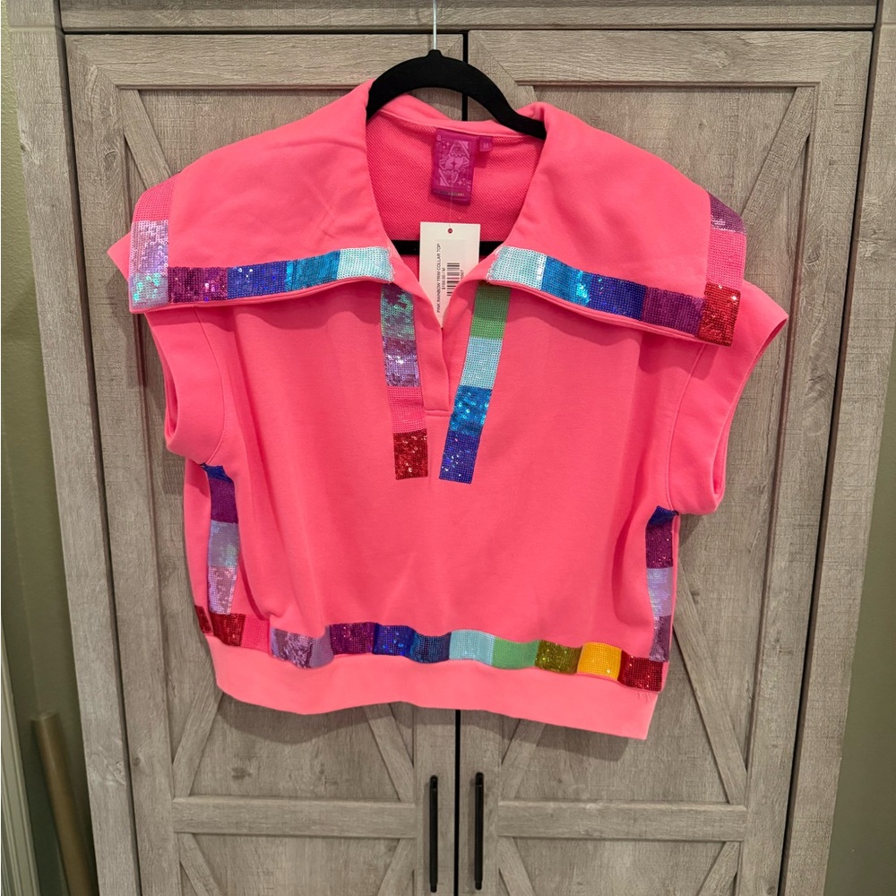 Queen Of Sparkles pink rainbow trim collared top-NWT